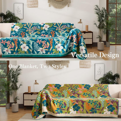Boho Throw Blanket Twin Size, Soft Cozy Cotton Muslin Quilt Blanket for Bed Decor, Floral Patterned Couch Sofa Chair Cover, Vintage Farmhouse Cottage Tapestry Woven Blanket, Teal&Green