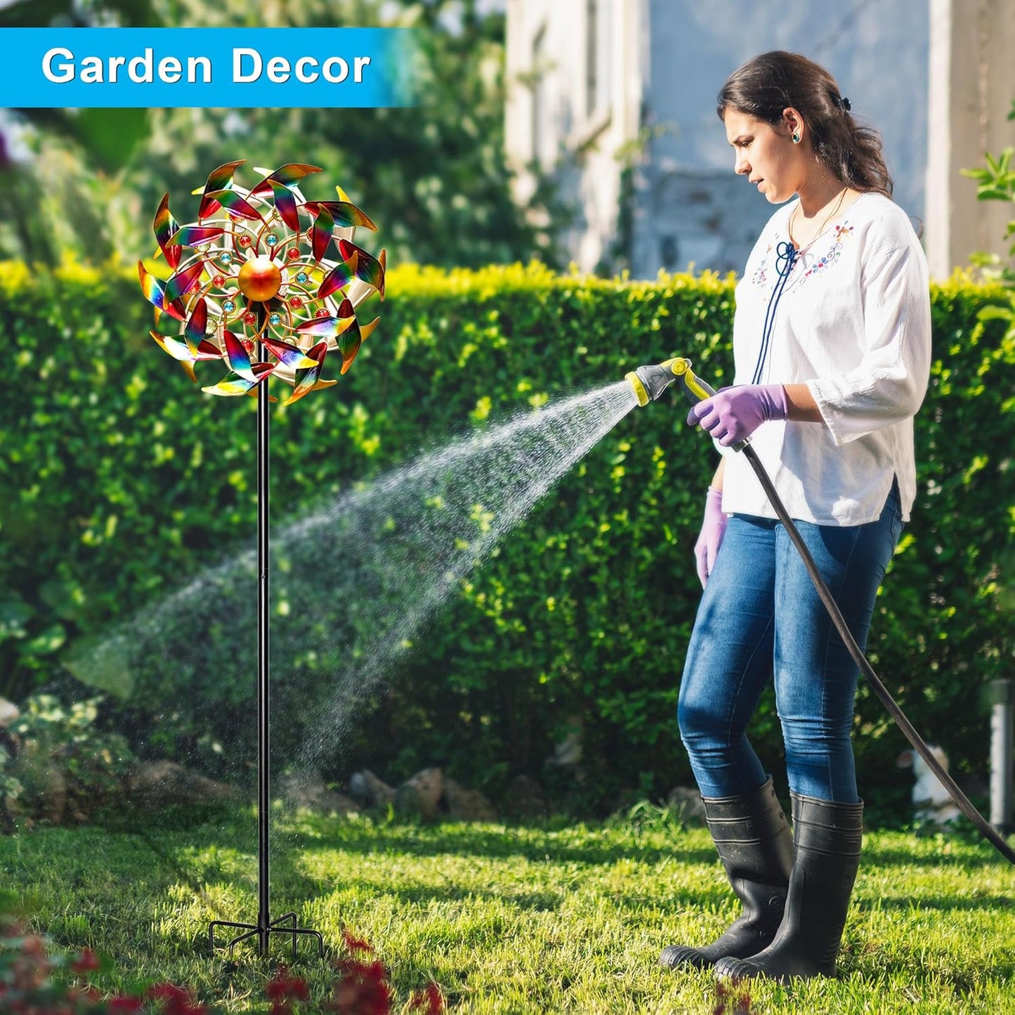 54'' Wind Spinners Outdoor Solar Garden Decor Light - Unique Gemstone Colorful Windmill, Durable Waterproof Design for Garden, Lawn, Patio