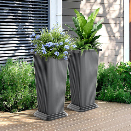 FENCY Set of 2 Tall Planters for Outdoor Plants, 24 Inch Large Tapered Pots with Drainage Trays, Weather-Resistant Plastic Plant Containers for Patio, Porch, Garden, Front Door Decor,Gray,Striped