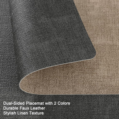 Myir JUN Placemats Dual Sided, Faux Leather Place Mats Set of 8 Indoor Placemat for Dining Table Non-Slip Washable Place Mat Heat Resistant Outdoor Table Mats (Set of 8, Gray Beige)