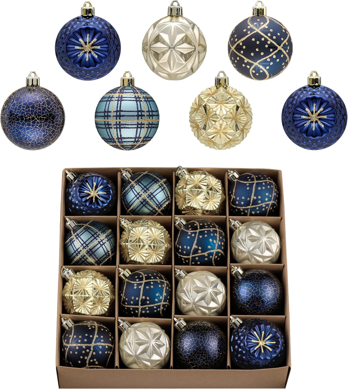 Valery Madelyn Ornaments for Christmas Trees, 16ct 2.36 Inches Blue and Gold Shatterproof Christmas Tree Decorations, Luxury Hanging Ball Ornaments for Xmas Holiday Party Decor