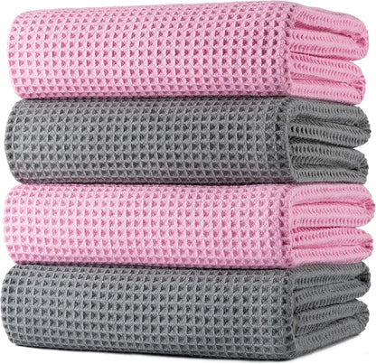 POLYTE Microfiber Oversize Quick Dry Lint Free Bath Towel, 60 x 30 in, 4 Pack (Waffle Weave)