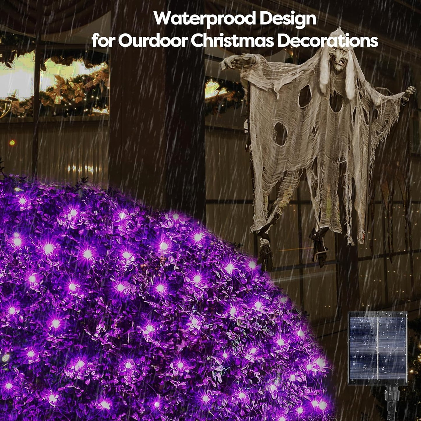 WBao Solar Halloween Lights Outdoor, 200LED 8.4ft x 5.2ft Halloween Net Lights with Remote, 8 Modes, Timer, IP65 Waterproof & Dark Green Wire for Lawn, Bushes, Trees Outdoor Decorations, Purple