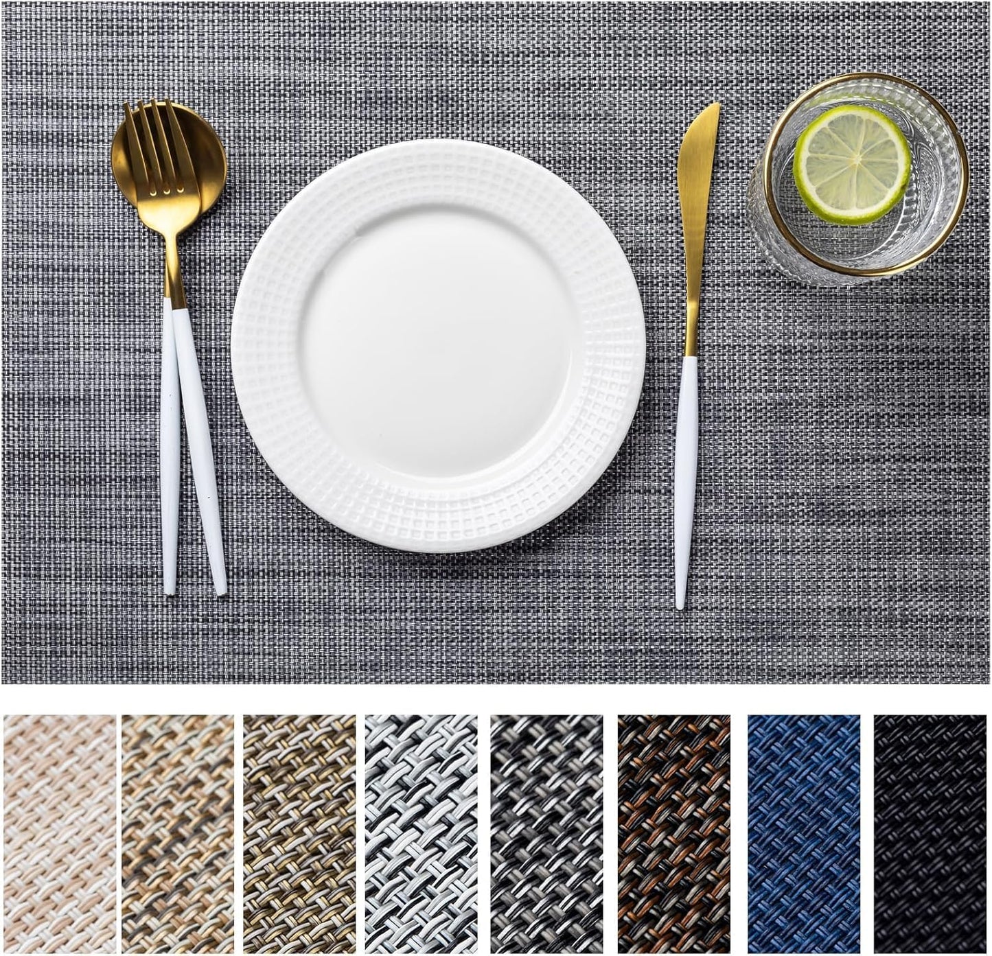 LEXMORE Placemats Set of 6 Vinyl/Plastic Woven Place Mats for Kitchen Table Indoor/Outdoor Washable Placemat Wipeable Dining Table Mats(A-Dark Gray)
