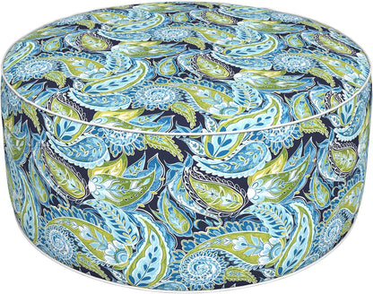 Inflatable Ottoman Stool D31 xH14 for Outdoor/Indoor Use, Water Repellent Patio Foot Rest with Portable Handle,Round Pouf Ottoman Suitable for Garden,Deck and Camping - Paisley Lapis Green