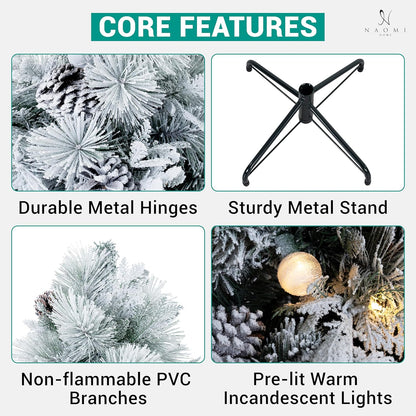 Darla 9ft Snow Flocked Prelit Artificial Christmas Tree with Star Projector, 58 Pine Cones, 1612 Branch Tips, 720 Warm Lights and Metal Stand, 58" Wide Snowy Frosted Pine Christmas Tree with Lights