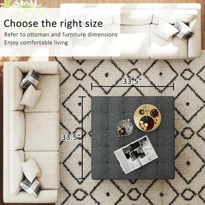 Large Square Ottoman Coffee Table, Linen Solid Upholstered Footrest Ottoman with Solid Wood Shelf Storage Tufted Coffee Table for Bedroom Living Room, Dark Gray