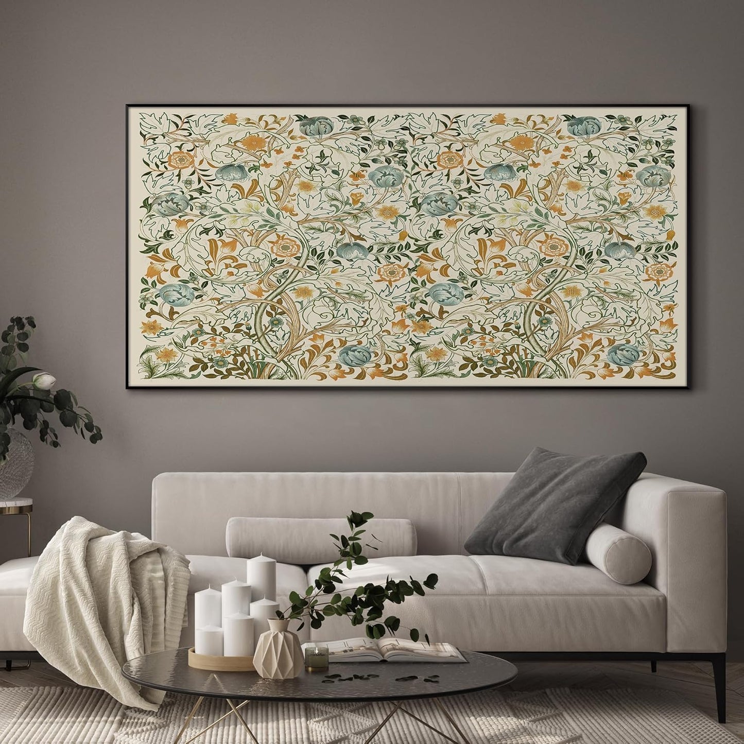 SIGNWIN 36"x72" Extra Large Framed Wall Art Vintage Botanical Floral with Golden and Teal Leaves, Elegant Nature Illustration for Home Living Room Bedroom Decor (Frame Assembly Required)