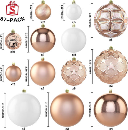 87ct Christmas Ball Ornaments Set Shatterproof Seasonal Hanging Decorations with Reusable Hand-held Gift Package for Xmas Tree Holiday Party and Home Decor, Rose Gold