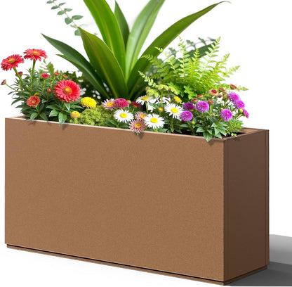 FENCY Metal Rectangular Planter Box, Large Planters for Outdoor Plants, Tall Planters for Outdoor Plants with Drainage Holes (32" L x 10" W x 16.3" H,Brown)