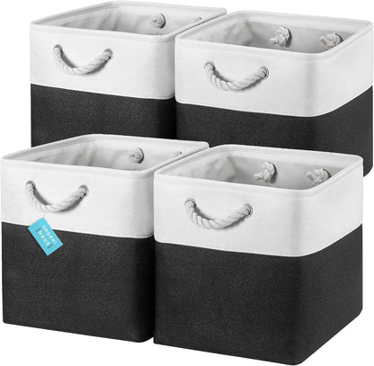 OrganiHaus 13x13 Cube Storage Bins 4 Pack, Foldable Cube Storage Organizer w/ Rope Handles, Collapsible Fabric Bins for Toys, Clothes & Closet Organization, Fabric Square Baskets - Black/White