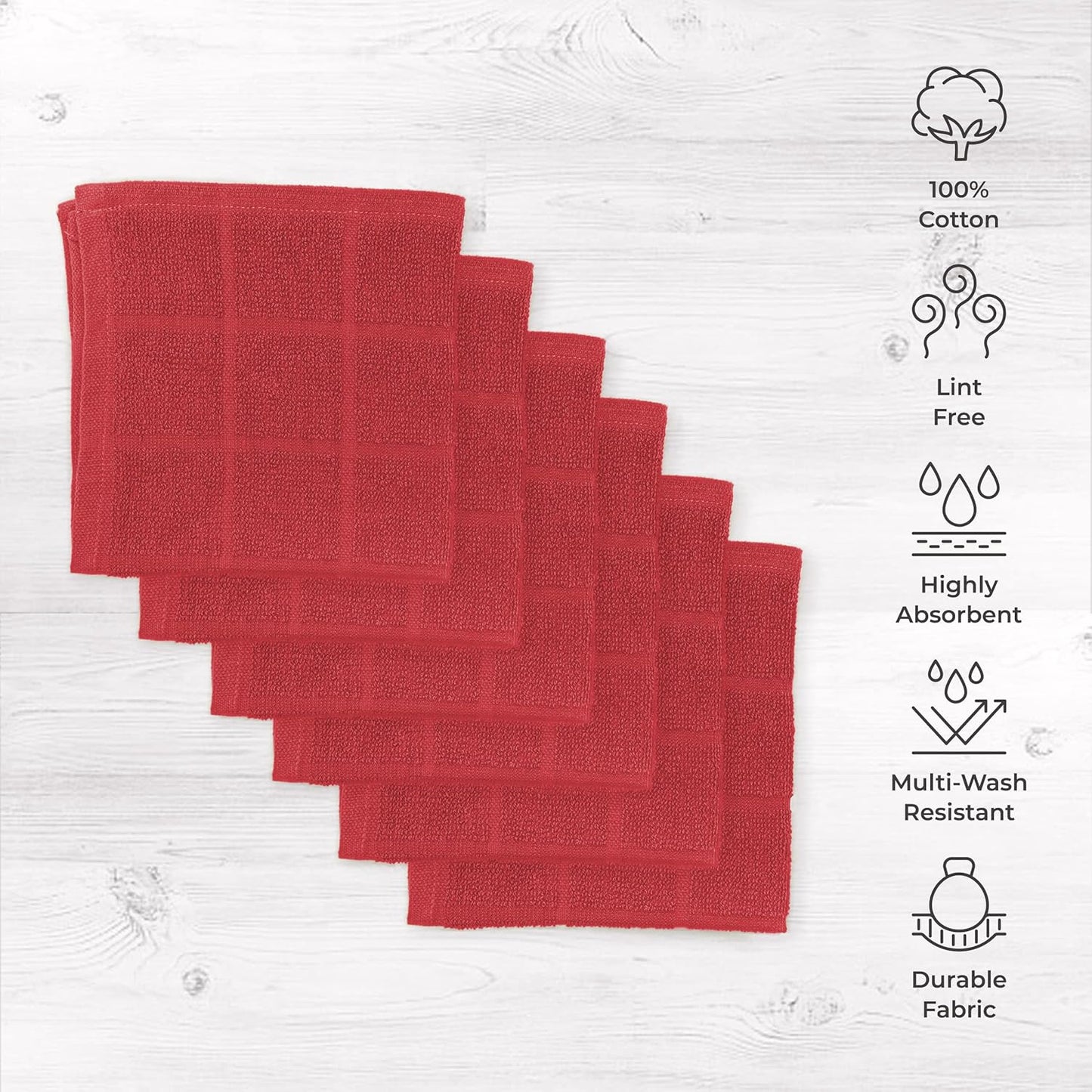 100% Cotton Dish Cloths for Dish Washing, Terry Dish Cloth, Cotton Dish Rags, 6 Pack, Super Soft and Absorbent, 12"x12" inches, Reusable Cleaning Cloth, RED Dish Cloth