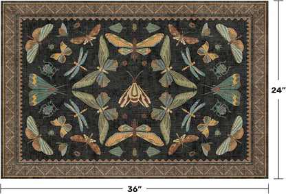 Small Black Entryway Rug - 2x3 Front Door Rug Indoor Entrance, Small Carpet for Kitchen Floor, Bathroom, Powder Room, Washable Low Pile Non Slip, Insect Print Home Décor