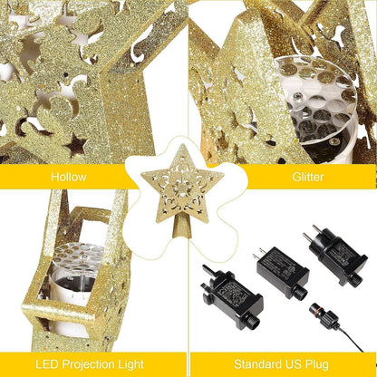 Christmas Tree Topper Lighted with Snowflake Projector, LED Rotating 3D Glitter Tree Topper for Christmas Tree, Christmas Decorations Lights (Golden Star Tree Toppers)