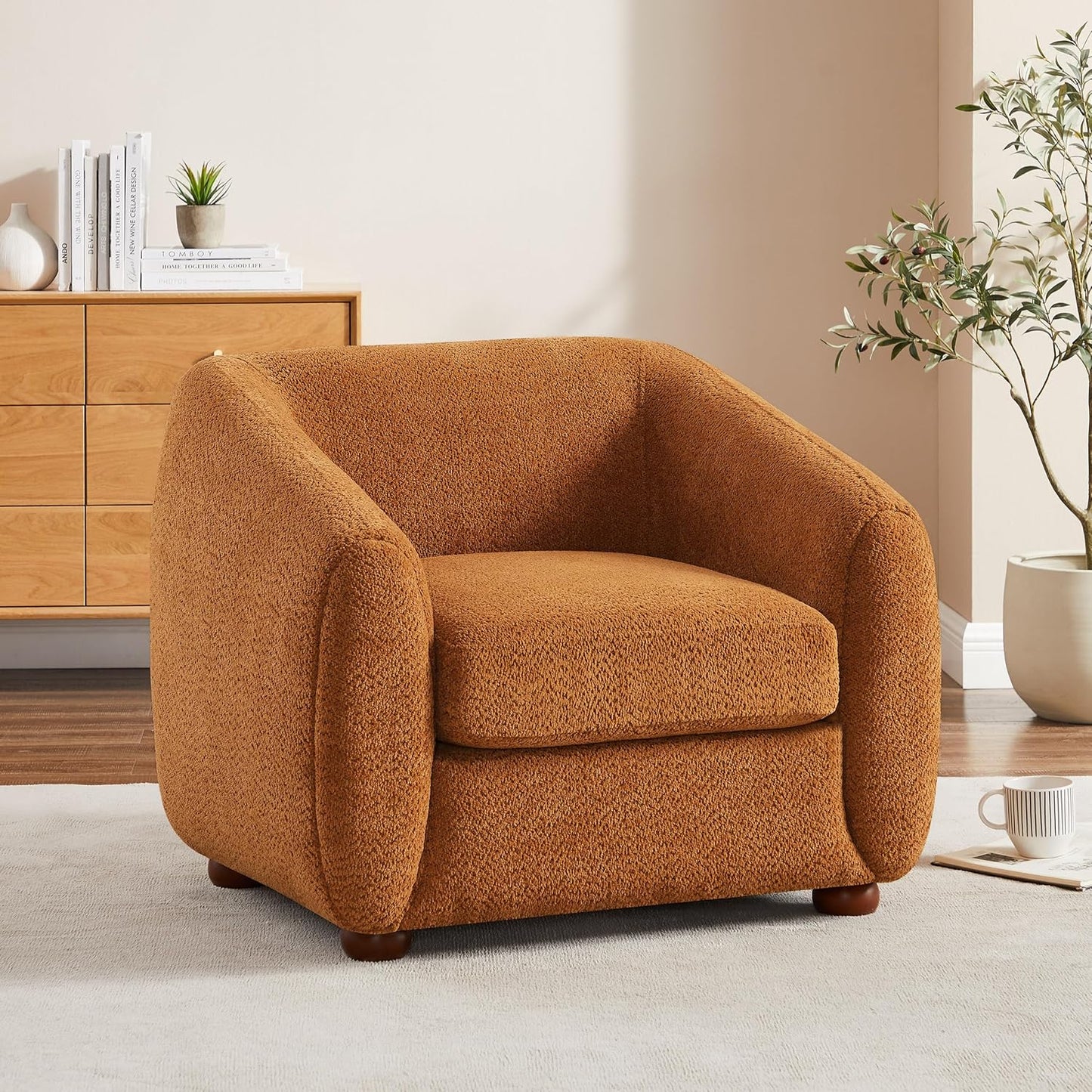 Modern Accent Chair for Living Room, Upholstered Armchair with Boucle Fabric, Single Sofa Chair with Solid Wood Legs, Boucle, Curry