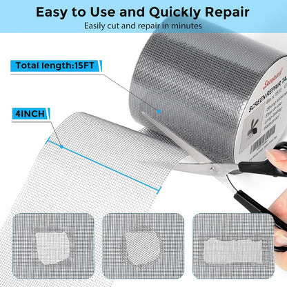 Grey Window Screen Repair Tape, 4 in X 15 FT (180IN) Screen Repair Kit for Windows or Doors, Strong Adhesive Fiberglass Mesh Patch Tape