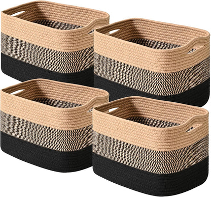 Storage Baskets for Shelves Organizing, Woven Cotton Rope Baskets for Storage, Book Basket, Towel Basket, 12.5"Lx9.1''Wx7.9''H (4 Packs) Gradient Black & Jute