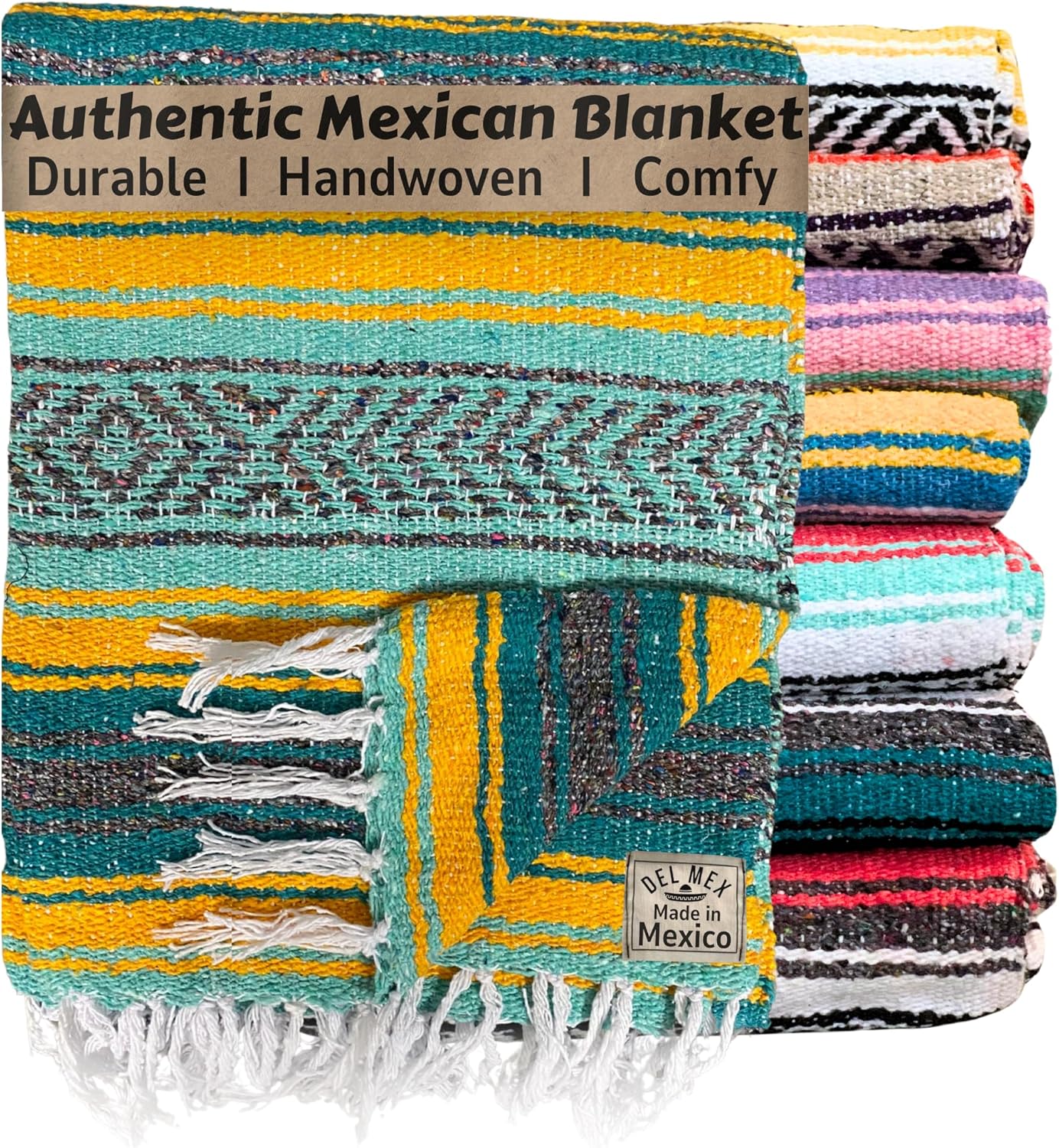 Del Mex Classic Mexican Blanket, Large Authentic Woven Falsa Throw (70"x50"), Artisan Southwest Décor for Beach, Yoga, Outdoors (Teal/Yellow)