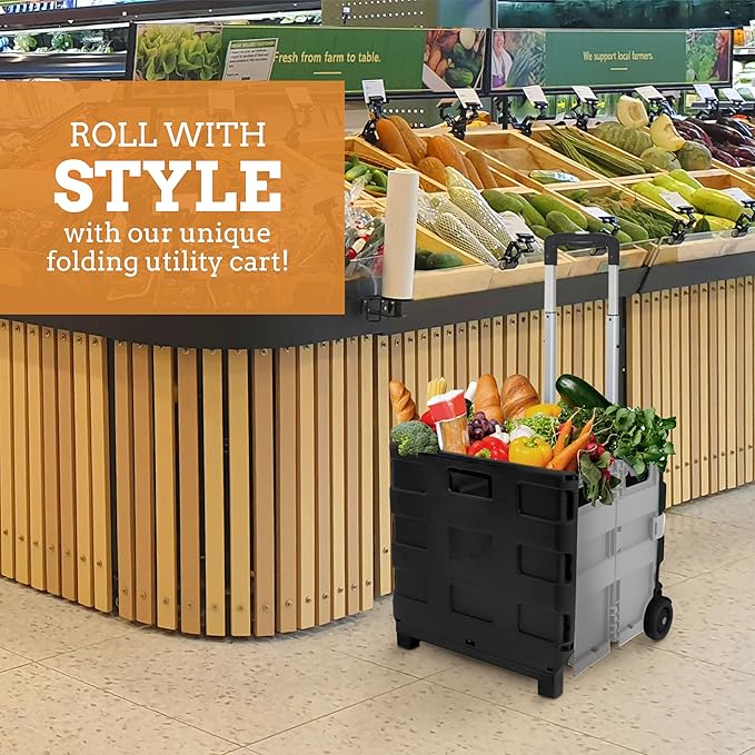 Inspired Living Ultra-Slim Rolling Collapsible Storage Pack-N-Roll Utility-carts, with Telescopic Handle, for Home, Garden, Shopping, Office, School use, Large, Grey & Black