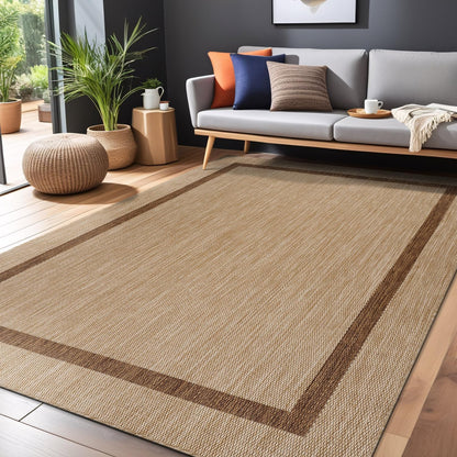 Bordered Outdoor Rug 10x14 Washable Outside Carpet for Indoor Patio Porch Waterproof Easy Cleaning Non Shedding Area Rugs Jute Beige - Nut Brown 10 x 14