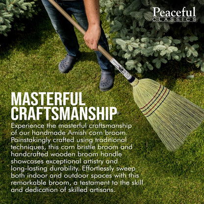 Handmade Amish Corn Broom with Wooden Handle – 57" Heavy Duty Broom for Courtyard, Lobby & Market, 100% Corn Fill Straw Broo'm, 4 Sews Indoor & Outdoor Bristle for Sweeping - Yellow