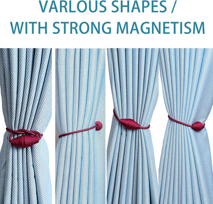 2 PCS Magnetic Curtain Tiebacks, European Style Convenient Drape Tie Backs Holdbacks for Thin or Thick Home & Office Window Draperies, No Tools Required-Burgundy