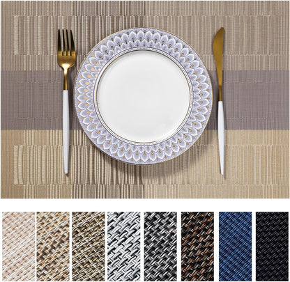 LEXMORE Placemats Set of 4 Vinyl/Plastic Woven Place Mats for Kitchen Table Indoor/Outdoor Washable Placemat Wipeable Dining Table Mats(Gold Dune)