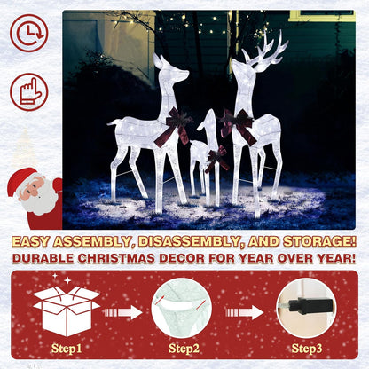 4.5FT Lighted Reindeer Family Set for Christmas Decoration, 3 Pieces Pre-Lit Iridescent Deer Xmas Decor with 200 LED Lights, 3D Glittered Standing Holiday Display for Outdoor, Indoor, White