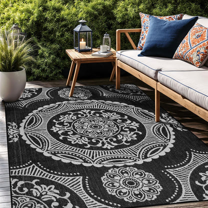 Medallion Outdoor Rug 8x10 Washable Outside Carpet for Indoor Patio Porch Waterproof Easy Cleaning Non Shedding Area Rugs Black 8 x 10