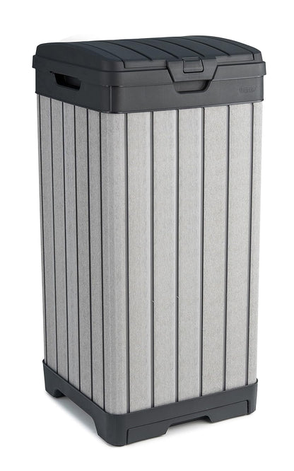 Keter Rockford Resin 38 Gallon Outdoor Kitchen Trash Can with Lid and Drip Tray for Easy Cleaning-Perfect for Patio Dining, Grey