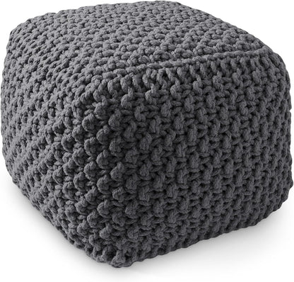 Casafield Square Pouf Ottoman, Dark Gray 18.5" W x 18.5" D x 14.5" H Cotton Knit Foot Stool - Boho Floor Pouffe for Living Room, Bedroom, Home Office