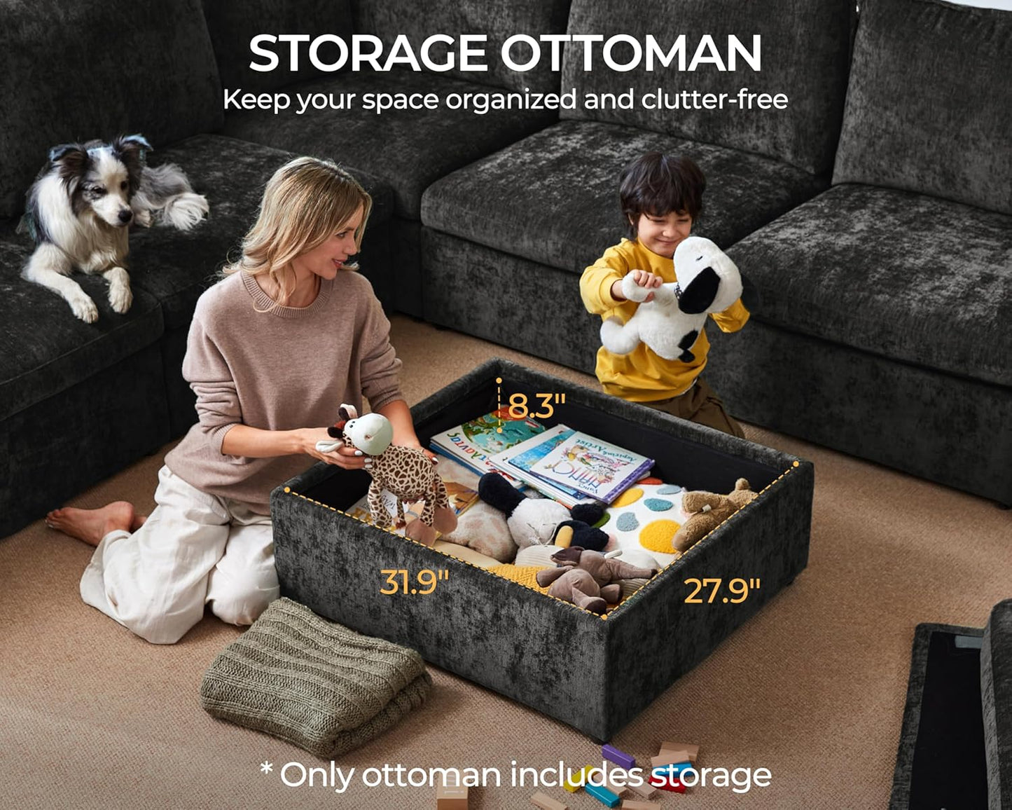 Oversized Modular Sofa Comfy Cloud Couch with Storage, Extra Deep Plush Sectional Sofa Set for Living Room, Covers Washable, Chenille, Olar (Black, 6-Seater with 2 Corners, u-Shaped)