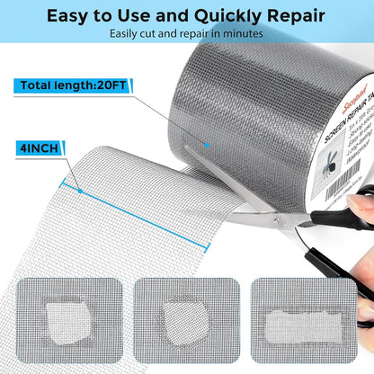 Grey Window Screen Repair Tape, 3IN X 20FT (240IN) Screen Repair Kit for Windows or Doors, Strong Adhesive Patch Kit Fiberglass Mesh Tape
