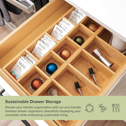 Premium Utensils and Tea Bag Drawer Organizers – 14-Compartment Design with Removable Dividers, Non-Slip Feet, 100% Sustainable Bamboo, 2 Pack