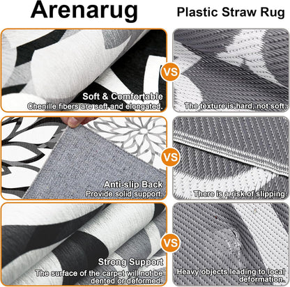 Indoor Outdoor Area Rug Washable Multicolored Rug Tropical Botanical Modern Floral Indoor Outdoor Carpet Black White Rug Non Slip Non Shedding for Patio, Deck, Backyard, Porch (6x9)