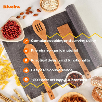Riveira Cherry Wooden Spoons for Cooking Set of 3 – Natural Cherry Wooden Cooking Utensils, Wooden Spatula, Wooden Spoon - Premium Quality Wooden Utensil Set for Non-Toxic Cooking