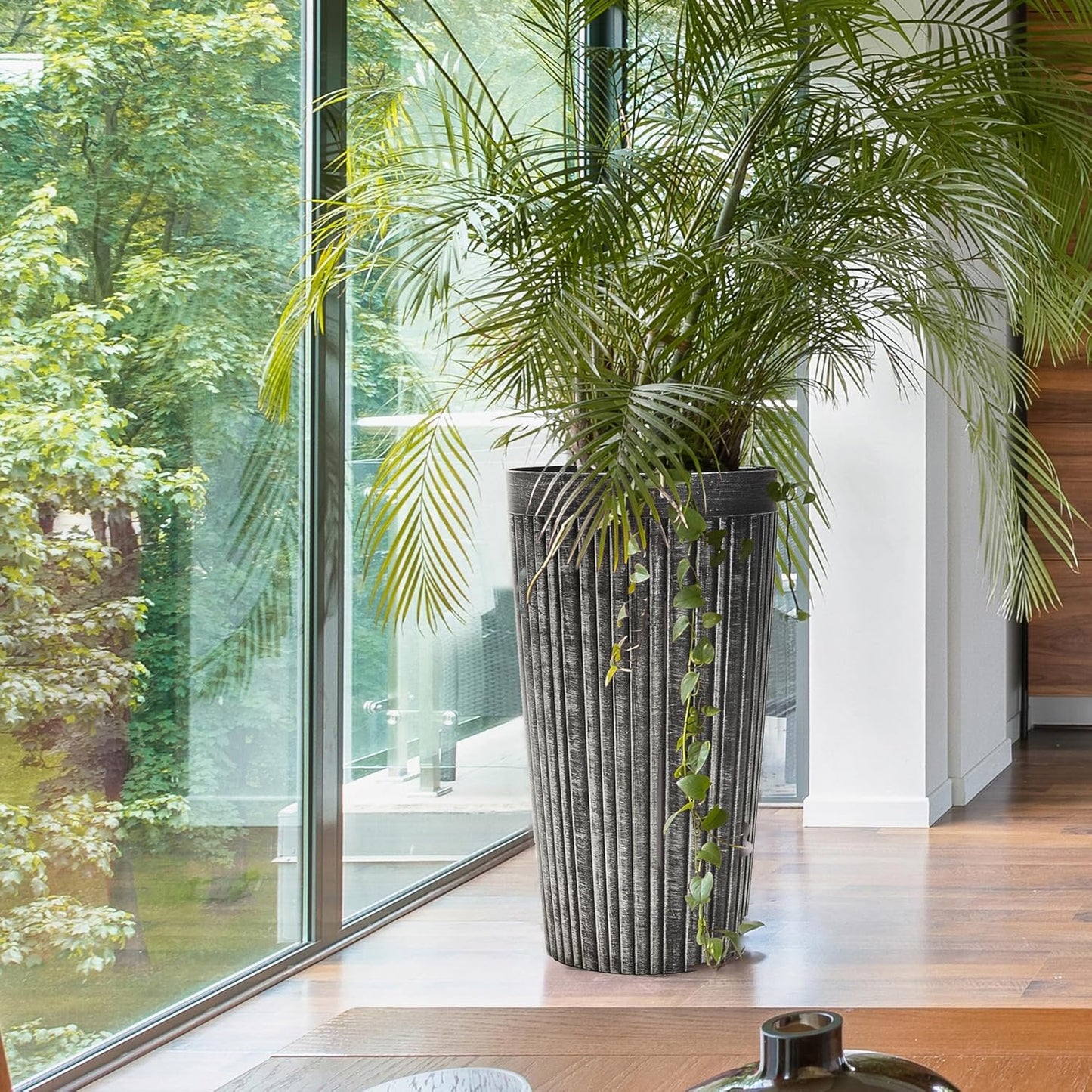 Worth Garden 22.5" H. Plastic Planters - Set of 2 Vintage Black Tall Conical Plant Pots for Indoor Outdoor Use - Decorative Lightweight Flower Pots for Front Porch, Patio, Deck - 12.5" Dia x 22.5" H