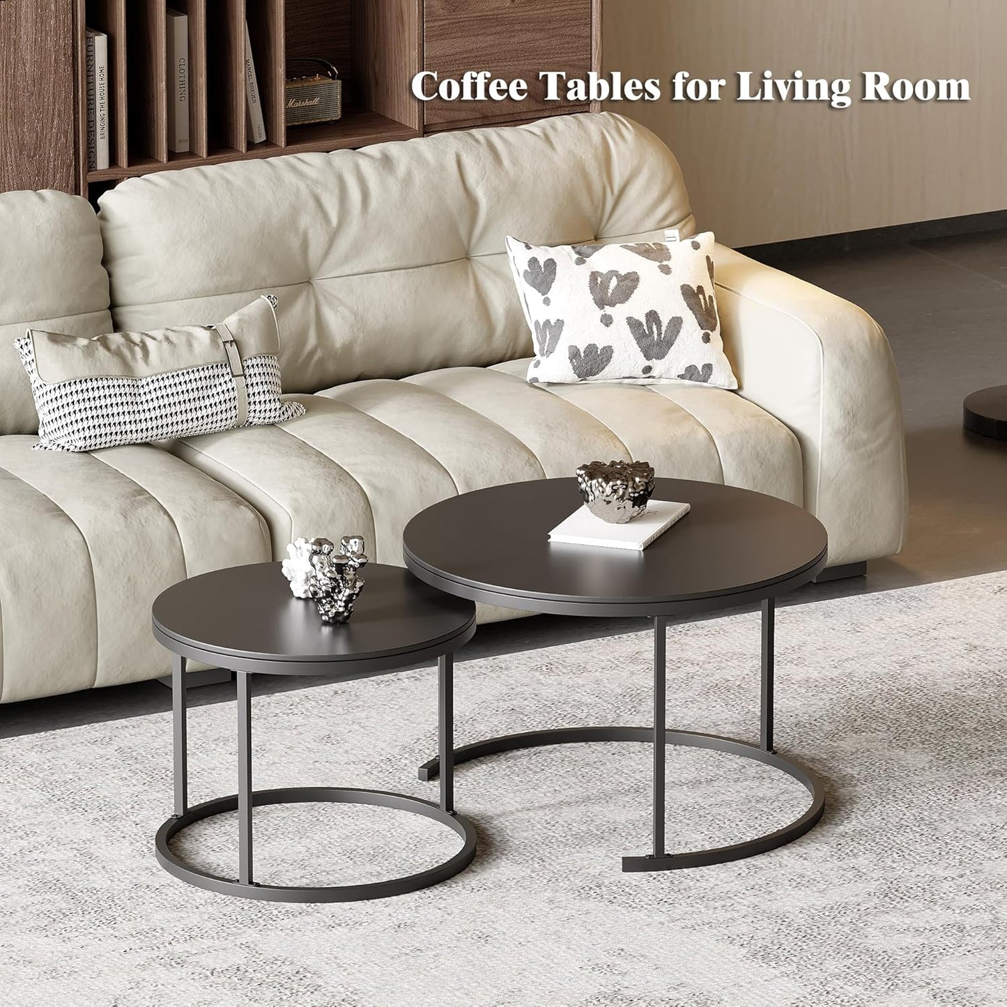 Round Nesting Coffee Table, Black Modern Decorative Coffee Center Table Set of 2,Round Sintered Stone 24'' Coffee Table for Living Room with Sturdy Metal Frame.