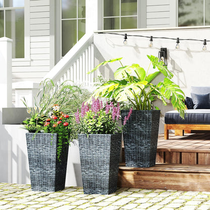 Outsunny Tall Planters for Outdoor Plants Set of 3, 24 in Taper Planters with Drainage Holes, Rattan Decor Plant Pots for Indoor Outdoor Front Porch Patio Backyard, Gray