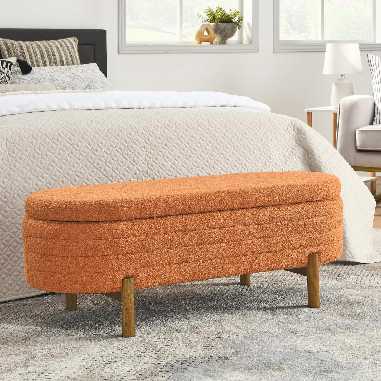 Furniliving 46” Storage Benches, End of Bed Bench with Button-Tufted Large Upholstered Storage Ottoman Teddy Window Bench with Storage Shoe Cabinet Bench, for Bedroom, Entryway, Closet, Orange