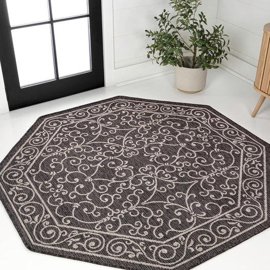 JONATHAN Y Vintage Filigree Indoor Outdoor Octagon Area Rug 8 Ft Black/Gray, Charleston Textured Weave for Backyard, Patio, Porch, Easy-Cleaning, High Traffic, Pet-Friendly Non-Shedding SMB106G-8TGN
