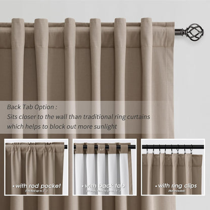 BOODII 100 Inch Blackout Curtains 2 Panels Set Back Tab Thermal Insulated Light Brown Linen Textured Black Out Curtains Noise Reducing Neutral Living Room Darkening Window Drapes Pleated Look 52x100