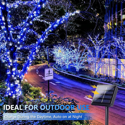 SANJICHA Blue and White Solar String Lights, Extra-Long 2 Pack 144FT 400LED Solar Christmas Lights Outdoor Waterproof, Sliver Wire 8 Modes Twinkle Light for Garden Tree Party Wedding Decorations