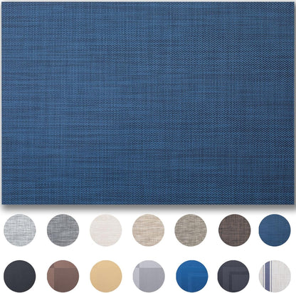 Placemats Set of 12 - Easy Clean Woven Vinyl Placemats for Dining Table, Indoor/Outdoor Place Mats, Washable PVC Table Mats（Navy Blue）
