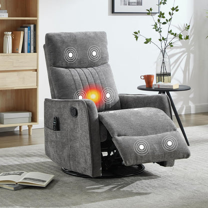 Manual Swivel Rocker Recliner Chair for Adults, Overstuffed Reclining Glider Chair for Nursing with Vibration Massage & Heat, Living Room Rocking Recliner 2-Stage backrest, Chenille Fabric Dark Gray