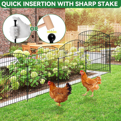 No Dig Decorative Garden Fence with Gate 32in (H) x 24ft (L), 9 Panels + 1 Gate +11 Stakes, Temporary Dog Fencing Outdoor, Rustproof Metal Arched Animal Barrier for Yard, Patio, Flower Bed, Landscape