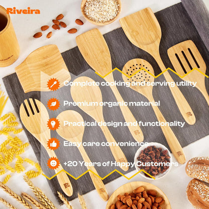 Riveira Natural Bamboo Wooden Cooking Utensils Set of 9 Premium Quality Non-Toxic Wooden Spoons and Spatulas for Cooking
