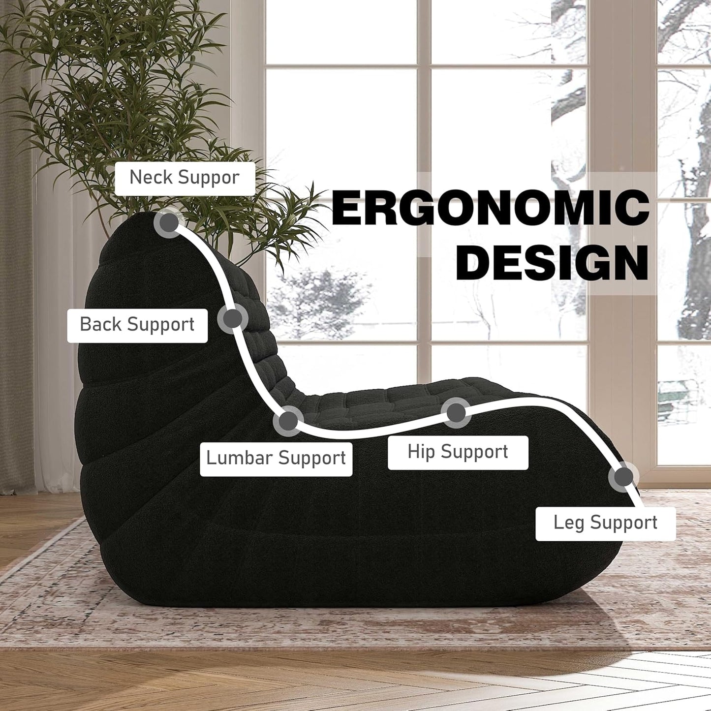 Big Bean Bag Chairs for Adults, 3 Seater Large Bean Bag Chair Sofa, Fireside Chair Lazy Sofa Chair with High Density Comfortable Foam, Modern Bean Bag for Living Room, Bedroom, Office (Black)