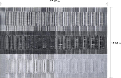 Placemats Set of 6 Washable Indoor/Outdoor Vinyl Place Mats for Dining Table Durable Non-Slip Heat Resistant PVC Weave Table Mats(Gray Black)