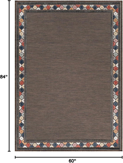 Beverly Rug Outdoor Rug 5x7 Modern Bordered Area Rugs for Indoor and Outdoor Patio Easy to Clean Non Shedding Living Room Porch Garden Washable Outside Carpet (5 x 7 Brown)